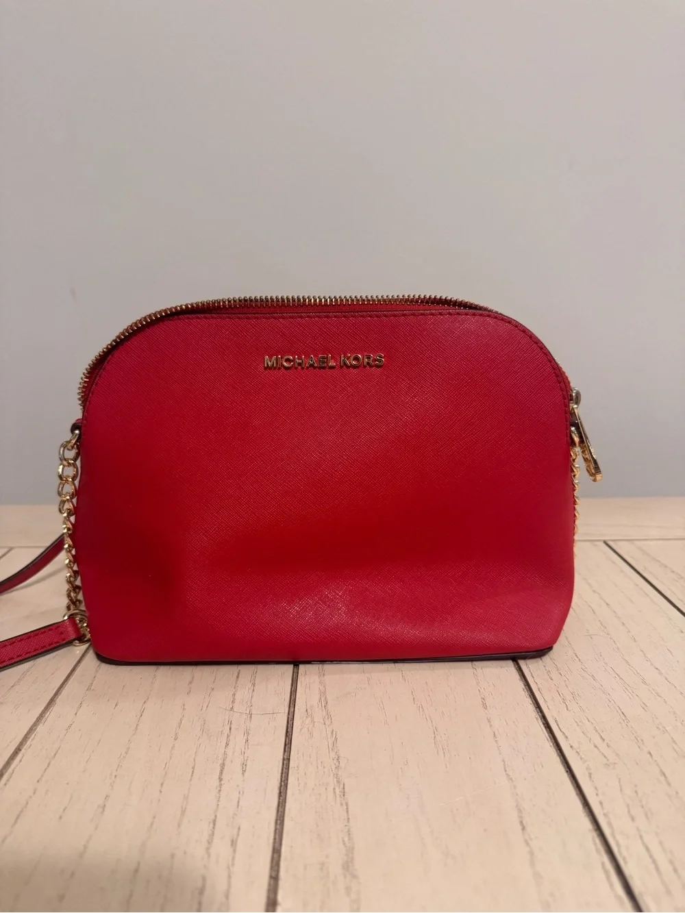 Michael Kors Red Saffiano Dome Crossbody with Gold Hardware